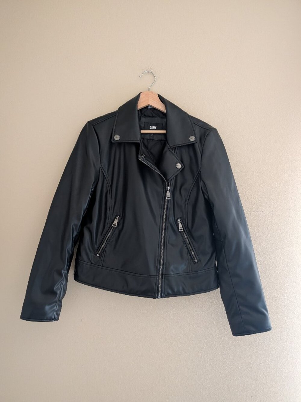 DKNY Black Faux Leather Moto Biker Jacket Size M